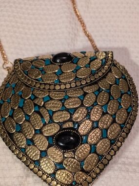 RAMLA Hand-Embellished Turquoise & Gold Heart Crossbody Bag
